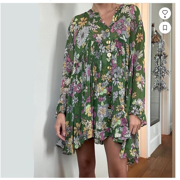 Free People "Everything and More" Green 2 piece floral shift dress/tunic L - Picture 4 of 9